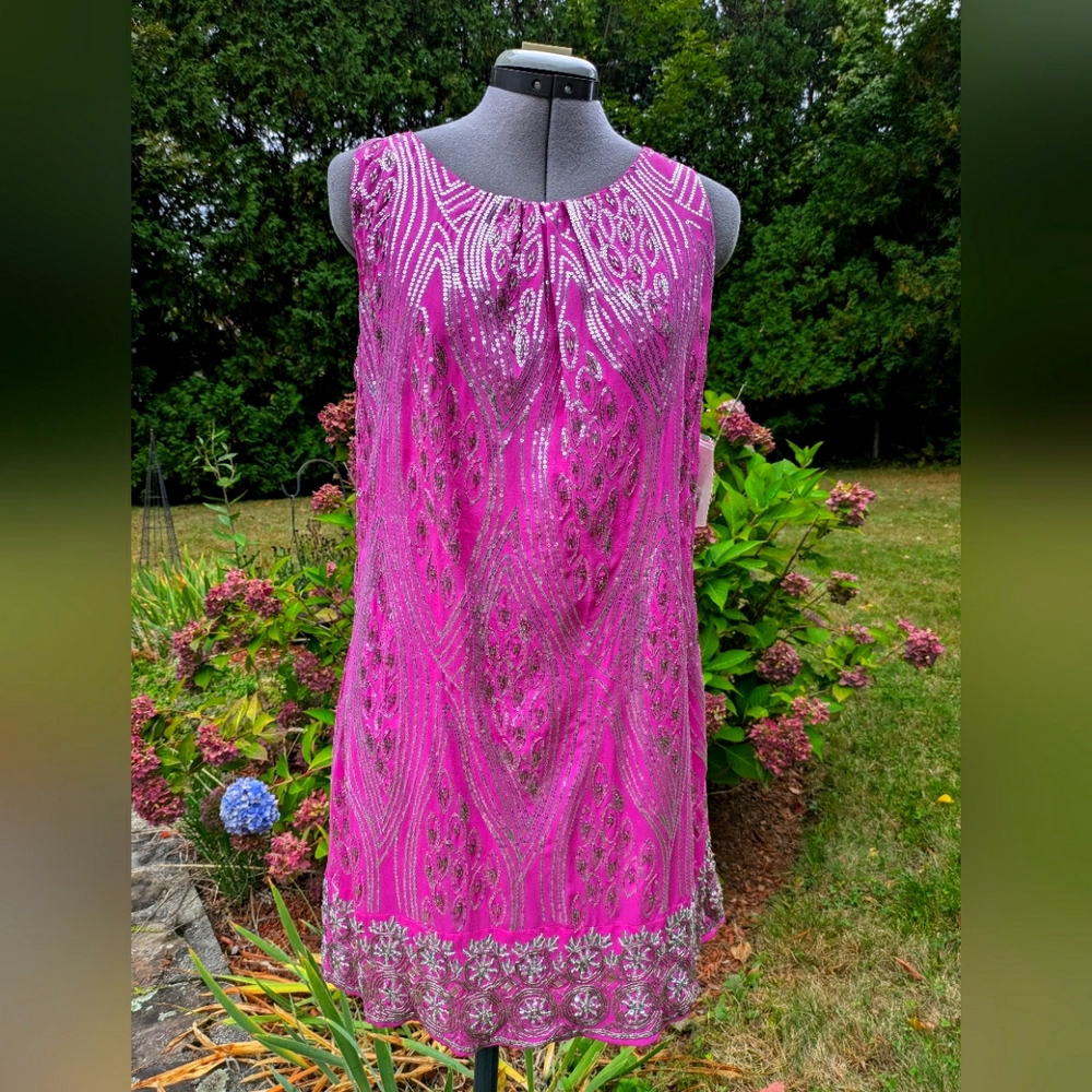 Hale Bob bright pink beaded silk dress size M